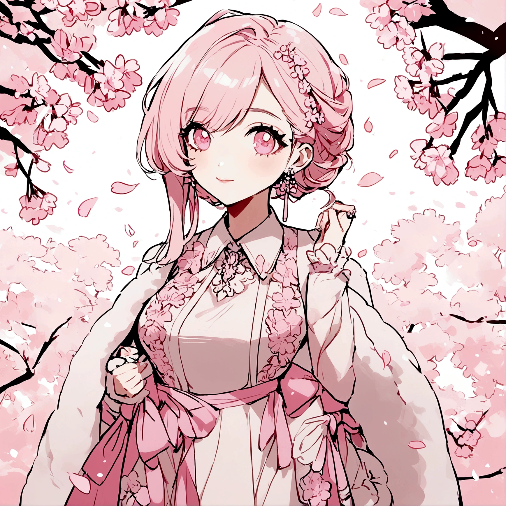 Pink mercy from overwatch surrounded by cherry blossoms