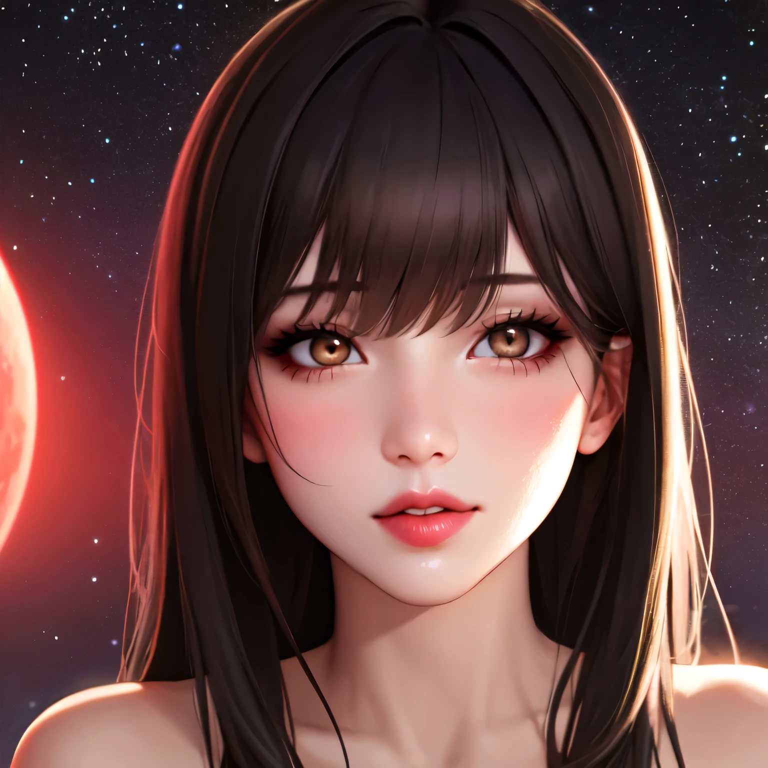 1girl, beautiful face, ((white eyes)), sexy pose, Red moon in the background, stars, space, (lightroom:1.13), soft light, (natural skin texture:1.2), (hyperrealism:1.2), sharp focus, focused,[[realistic]]