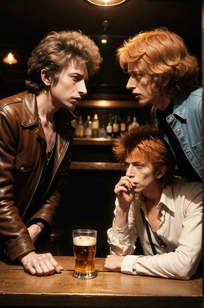 bob dylan and david bowie talking to each other in a london pub at the 70s, while they sip whiskey on a wooden table