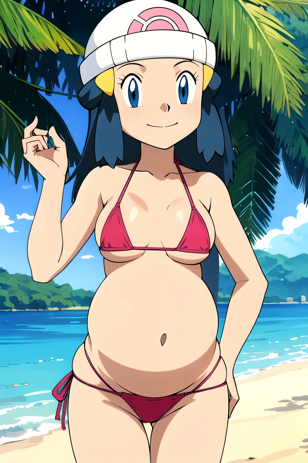 masterpiece, best quality, highres, 1girl, solo, dawn (pokemon), outdoors, bare shoulders, smile, playa, fondo de playa, sonrisa, bikini, microbikini, micro bikini, pink bikini, pregnant, embarazada, vientre de embarazo, barriga de embarazada.