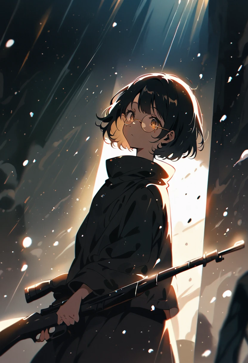 (extremely detailed fine touch:1.3), (hard light, studio light, light rays, dappled light, reflection, shadows, ray tracing:1.0), kawaii girl, (super very black short hair:1.3), (yellow glasses:1.3), underrim_metal, headphones, chignon, holding a rifle, falling snow, tearful, serious atmosphere, (snow:1.3)