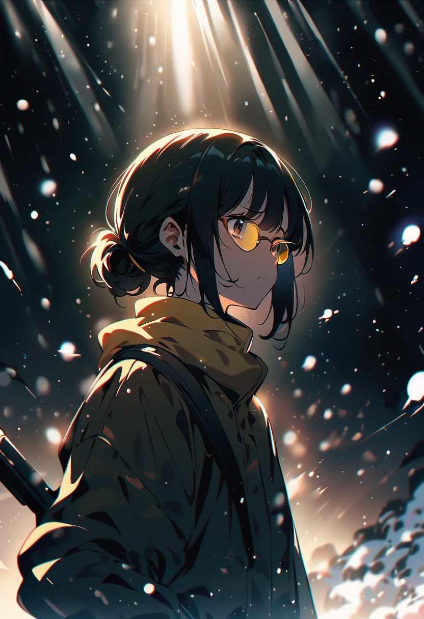 (extremely detailed fine touch:1.3), (hard light, studio light, light rays, dappled light, reflection, shadows, ray tracing:1.0), kawaii girl, (super very black short hair:1.3), (yellow glasses:1.3), underrim_metal, headphones, chignon, holding a rifle, falling snow, tearful, serious atmosphere, (snow:1.3)