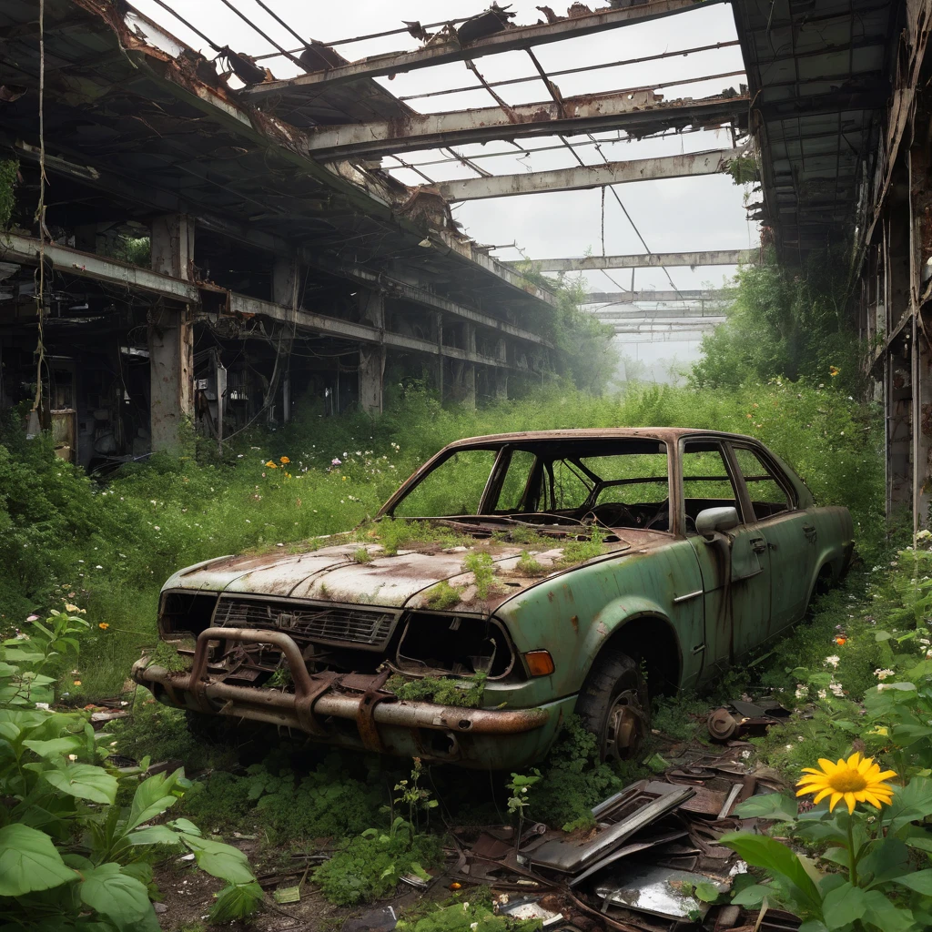 Create a captivating scene in the Abandoned Junk art style. Imagine a forgotten scrapyard on the outskirts of a post-apocalyptic city. The yard is filled with rusted cars, broken machinery, and piles of metal scraps, all overtaken by nature as vines and wildflowers weave through the debris. Amidst the chaos, an old, abandoned robot stands partially buried, its eyes glowing faintly, hinting at a long-lost purpose. The sky is overcast, with beams of sunlight breaking through the clouds, casting an eerie, yet beautiful light over the scene. Birds nest in the crevices of the junk, adding a touch of life to the desolation. The colors should be a mix of earthy tones with pops of vibrant greens and blues, creating a contrast between the decay and the rebirth of nature. The entire image should evoke a sense of mystery and wonder, capturing the beauty found in abandonment and the passage of time.