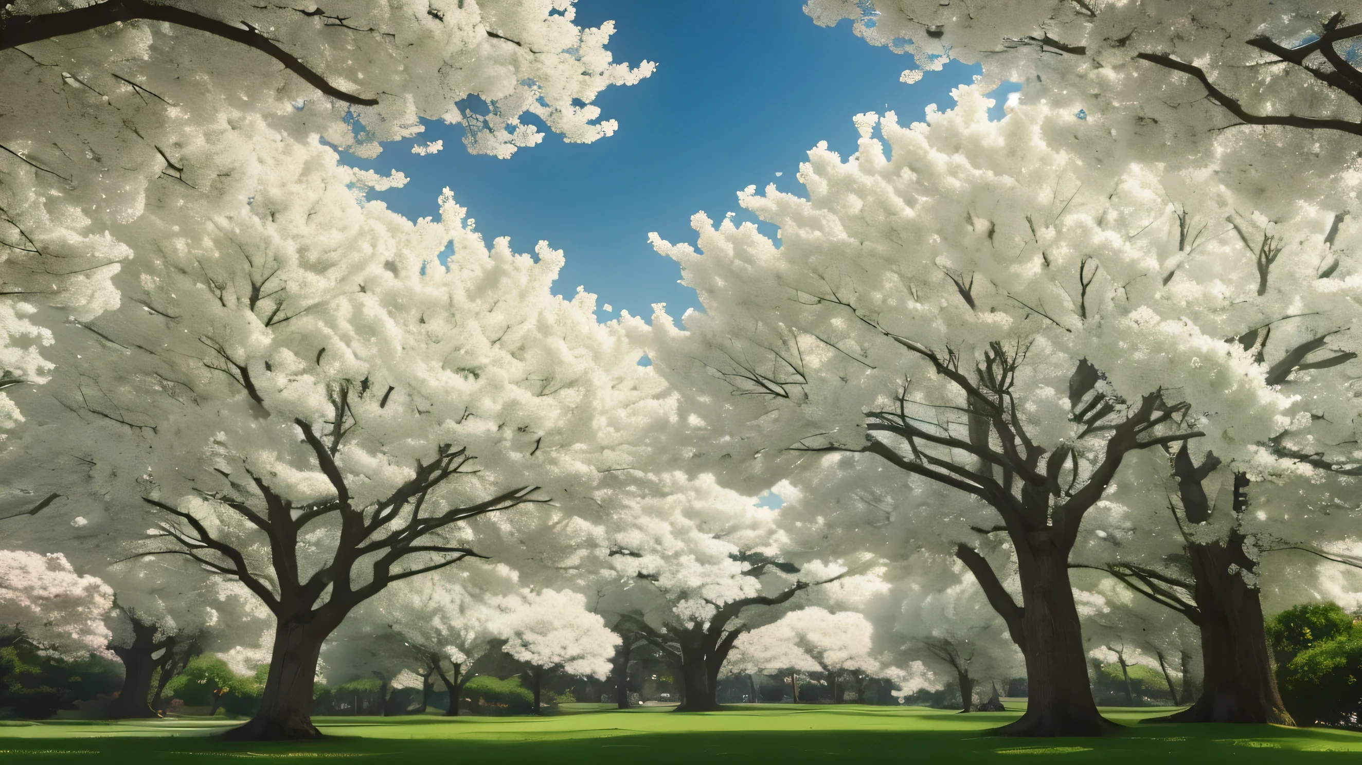 There are many white flowers growing on the trees in the park, Digital rendering inspired by Matsumura Goharu, Flickr, , breath - taking beautiful trees, breath-taking beautiful trees, Mandelbulb flower and tree, Detail of trees in bloom, extremely beautiful and ethereal, Surreal Waizi Flowers, White Flowers, beautiful trees, beautiful!!!!!!!!!!!!