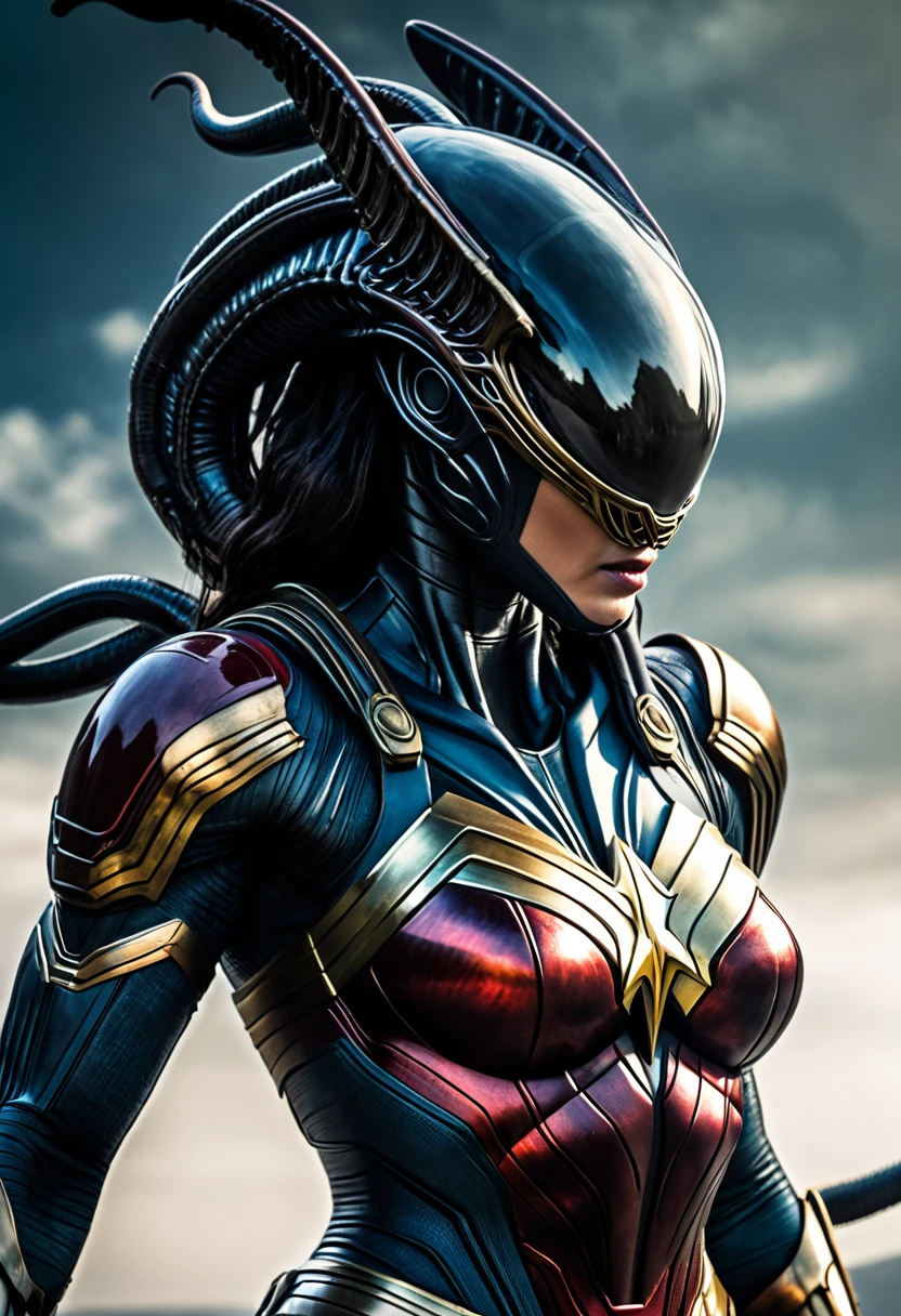 (((Very close up (((Xenomorfo Alien el octavo pasajero ///Traje Wonder Woman/// HD cinematic surreal image))),(((imagenes color Splash))),(((Xenomorfo Alien el octavo pasajero VS Wonder Woman)))