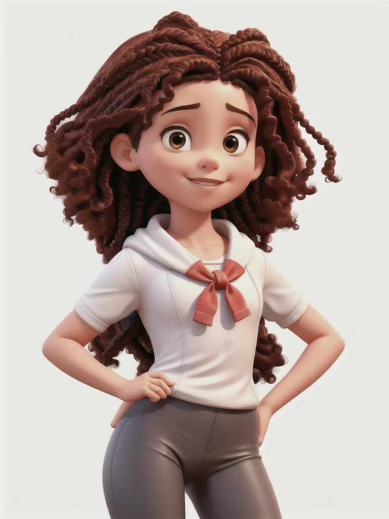 Poster of a young girl with curly hair with braids, uma bandana vermelha no cabelo, olhos acinzentados, uma jaqueta vinho escarlate, tight leather pants and white fur with a red glove