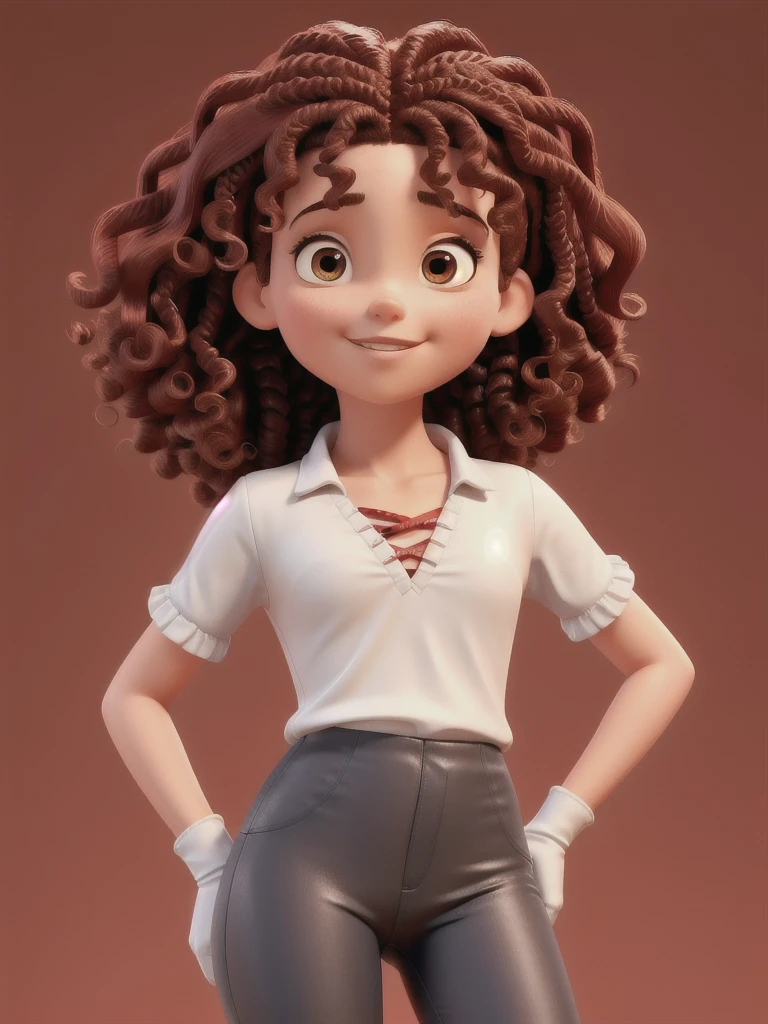 Poster of a young girl with curly hair with braids, uma bandana vermelha no cabelo, olhos acinzentados, uma jaqueta vinho escarlate, tight leather pants and white fur with a red glove