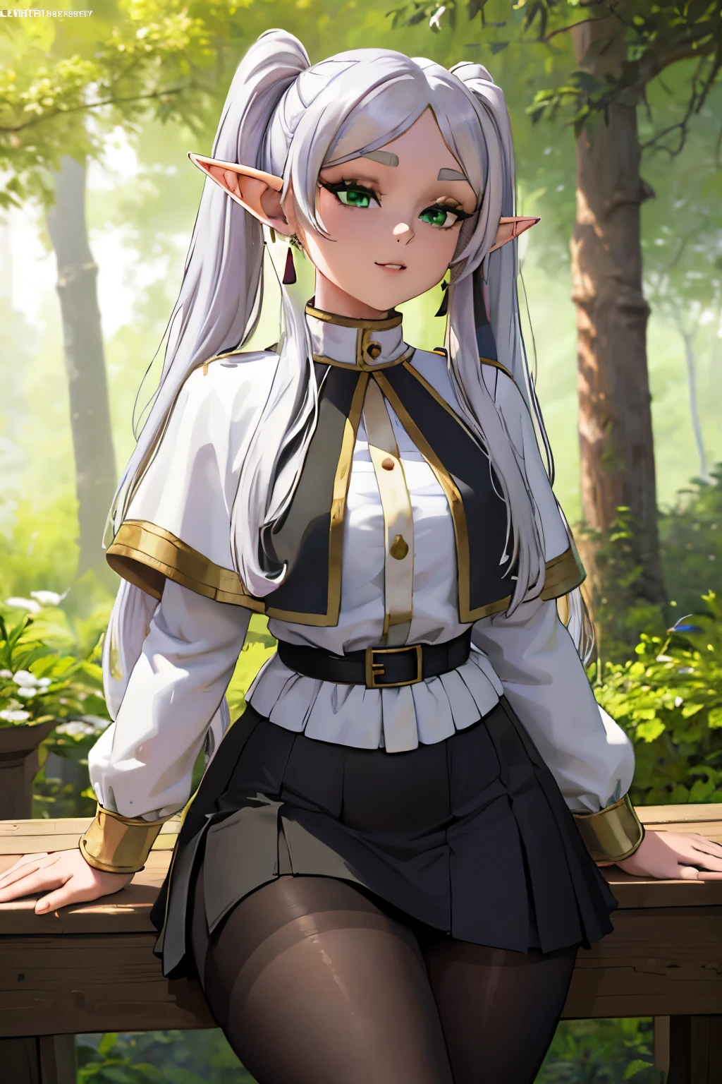(forest edge), jambes grasses, gros seins, sourire, (extremely fine and beautiful:1.1), (perfect details:1.1), (finely detailed eyes and detailed face:1.3), Sousou no frieren, twintails, very long hair, silver hair, pointy ears, elf, white capelet, green eyes, (black pantyhose), earrings, white skirt, belt, white sleeves