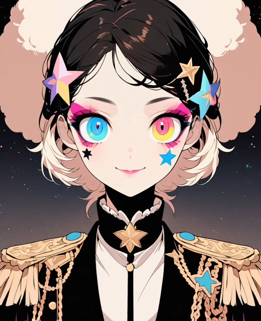 (Digital Illustration，Detailed anime style girl portrait，solitary，symmetry)，(Colorful big eyes，Fashionable and exquisite facial features，Exquisite makeup，sweet smile，Star symbol on cheek，Soulful gaze，)，(Fluffy bread，hairpin)，(Black suit，Epaulette Chain，Cool，)，Clean and simple white background，(((Correct human anatomy)))，belt，hand