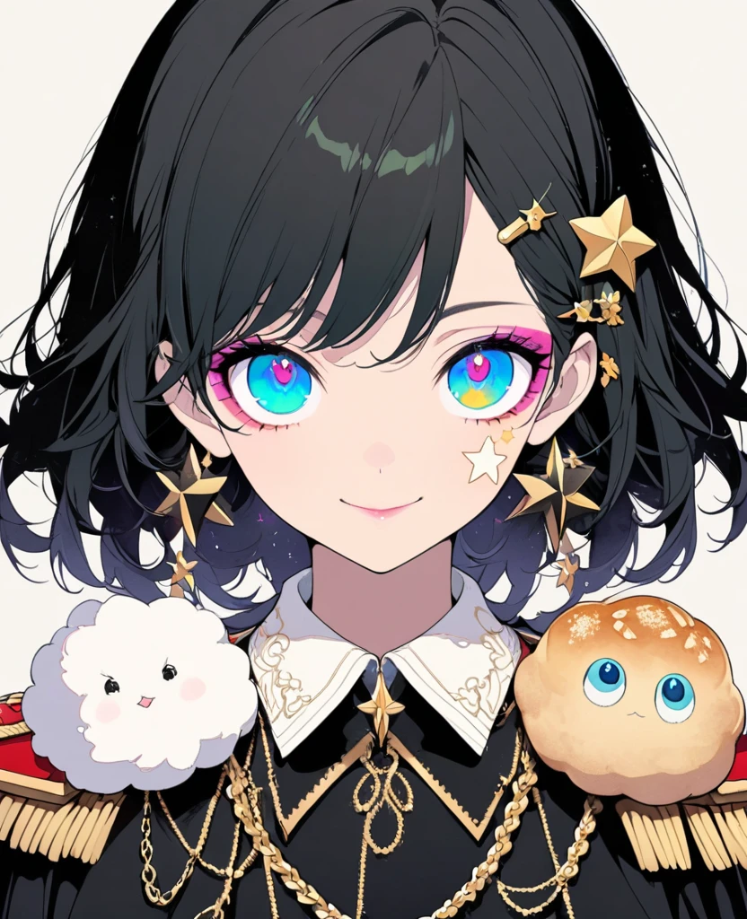 (Digital Illustration,Detailed anime style girl portrait,solitary,symmetry),(Colorful big eyes,Fashionable and exquisite facial features,Exquisite makeup,sweet smile,Star symbol on cheek,Soulful gaze,),(Fluffy bread,hairpin),(Black suit,Epaulette Chain,Cool,),Clean and simple white background,(((Correct human anatomy))),belt,hand