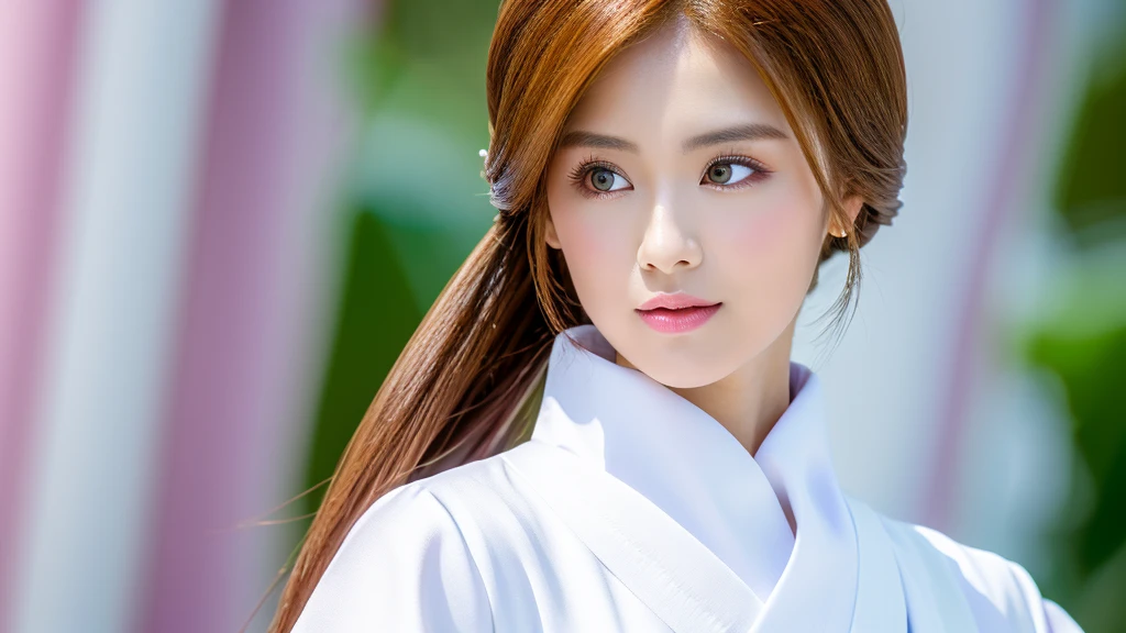 (detailed face),VIVID,pretty,kimono sleeves and turtle neck white silky clothes,4k ,super high resolution ,(photo-realistic: 1.7),white background,long hair,