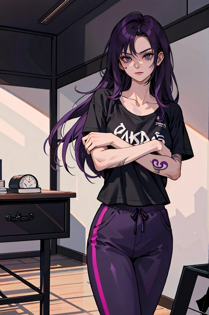 (masterpiece:1.2, best quality), (1girl, solo:1.2), crossed hands,straight pov, dark violet hair, black T-shirt, sport pants, (tattoos), room, crossed hands,straight pov