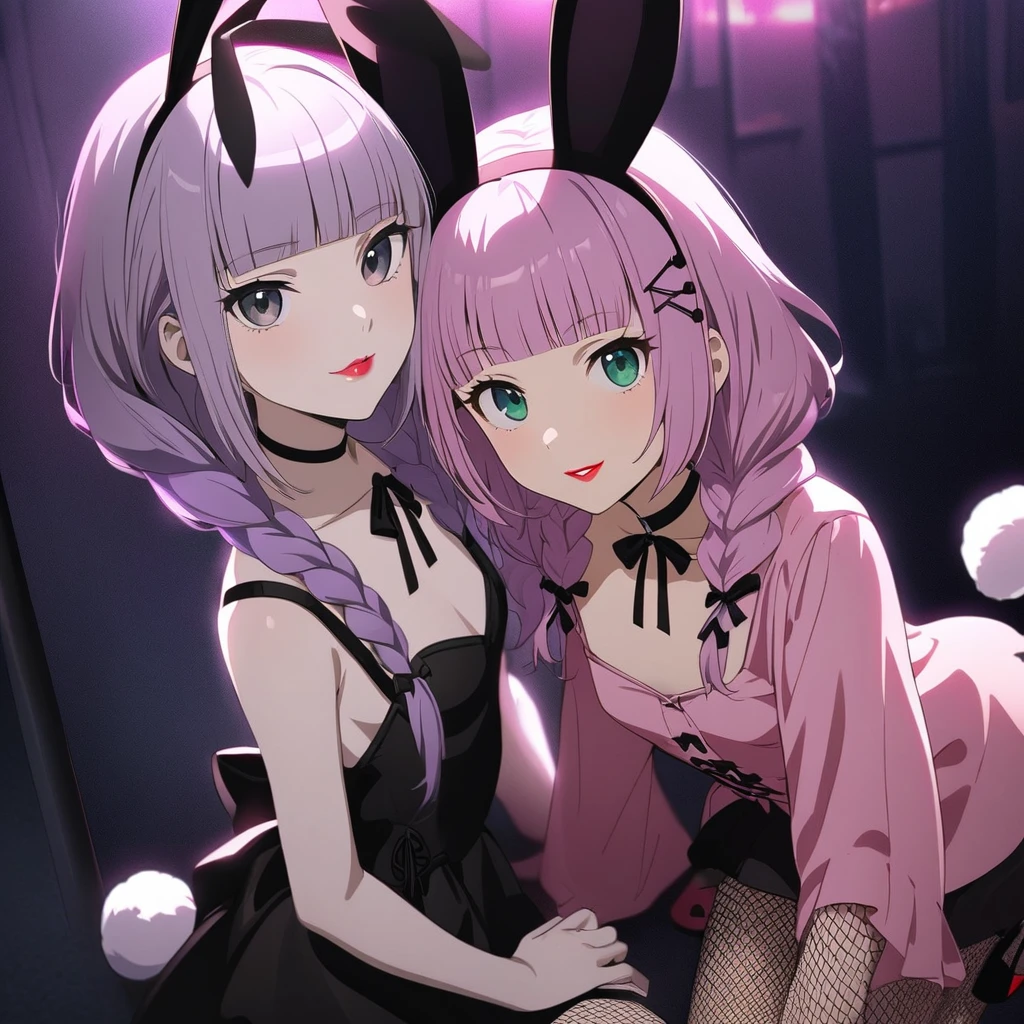 (yuri 2girls:1.5), (one girl with closs hair pin,pale purple hair,wavy two braids,blunt bangs hair,green and black eyes,
pink shirt,cosplay, jirai kei, bangs, black skirt, black bow, looking at viewer, bow, long sleeves, choker, ribbon,pink lips, :1.4),(other girl with pale purple hair,wavy blunt bangs hair,green and black eyes, red lips,Black bunny girl costume, red high heels,High leg, fishnet stockings, white bunny tail, black bunny ears, front view:1.4 ), (masterpiece:1.3), anime visual, (Lovey-dovey:1.5), (tilt head:1.3), extremely delicate face, soft clean focus, realistic lighting and shading, (an extremely delicate and beautiful art:1.3), elegant, (muted colors:1.1), small breast,slim,The Moulin Rouge in Paris, mysterious pink light, a slightly dark room,look at viewer,smiling,night lit,