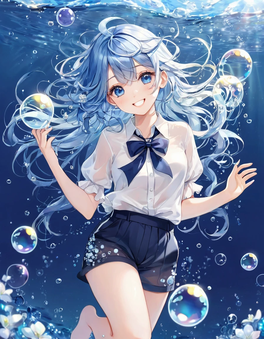 (Highest quality)), ((masterpiece)), ((Ultra-detailed)), (Very delicate and beautiful), bright sky blue hair, watery hair, Bright sapphire eyes, Fair skin, Beautiful woman, Sheer white shirt, Sheer navy blue silk shorts, Navy Blue Ribbon Tie, Pearl decoration, In the water world, Cold Background, Air bubbles, Water bubbles, In the water, Cute smile, Relaxed facial expression, Long hair with delicate waves, Blue and white flowers in hair