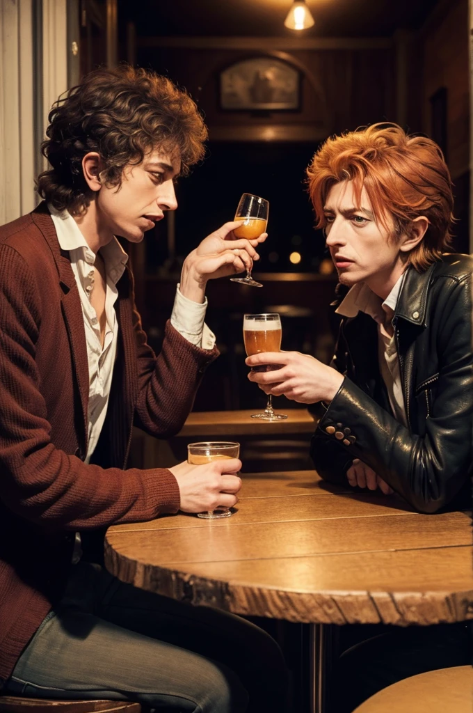 young bob dylan and david bowie talking to each other in a london pub, while they sip whiskey on a wooden table