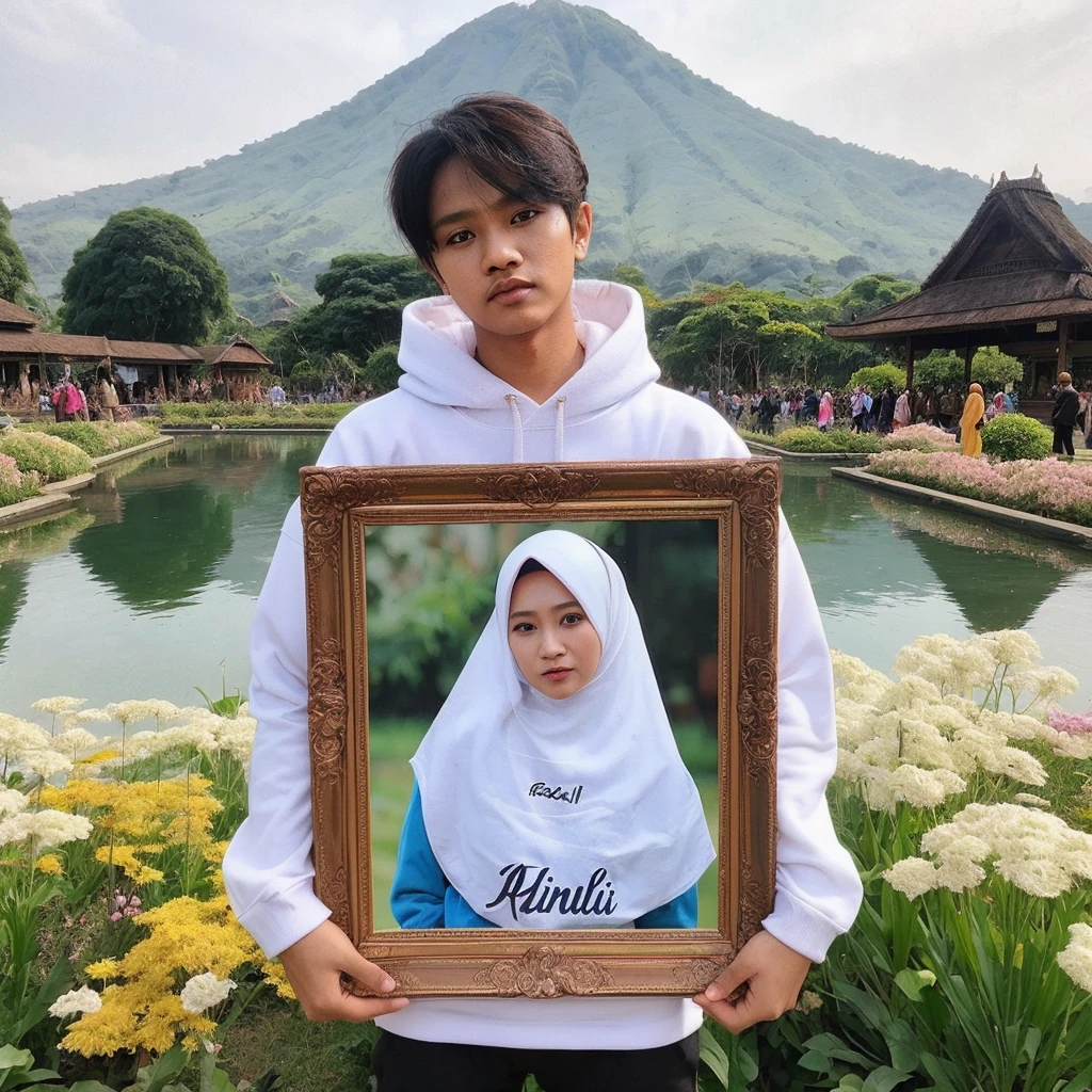 Seorang lelaki pemuda indonesia tampan pakai baju hoodie putih sedang memegang bingkai foto, di dalam bingkai tersebuar ada seorang wanita cantik pakai hijab