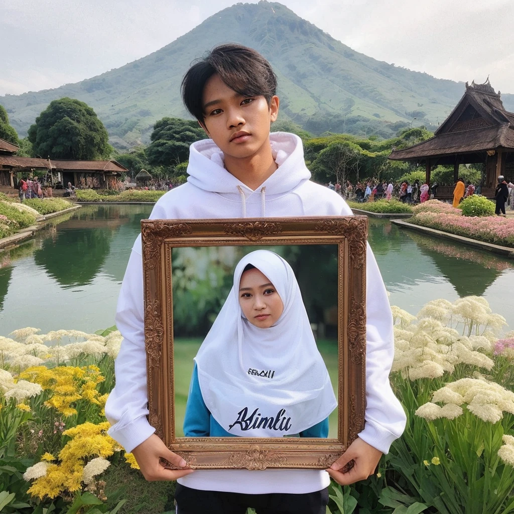 Seorang lelaki pemuda indonesia tampan pakai baju hoodie putih sedang memegang bingkai foto, di dalam bingkai tersebuar ada seorang wanita cantik pakai hijab