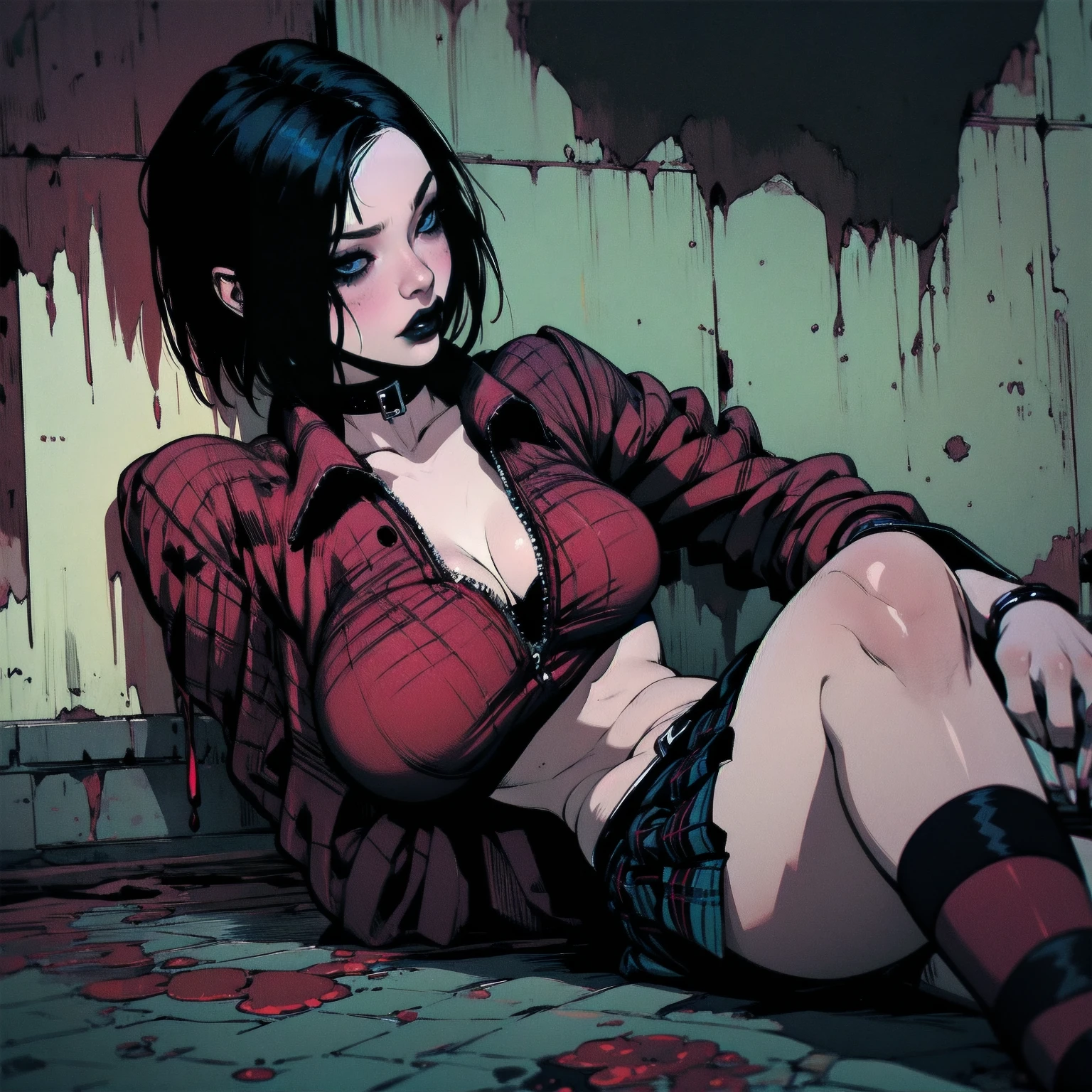 a woman with short black hair, hair on shoulders, wearing a black cropped and plaid skirt, blue eyes, zombie art, gothic art, cute aesthetic with vibe, toon aesthetic, wearing red costume, wearing gothic accessories, look like Cassie Hack, sitting on the ground, castle background