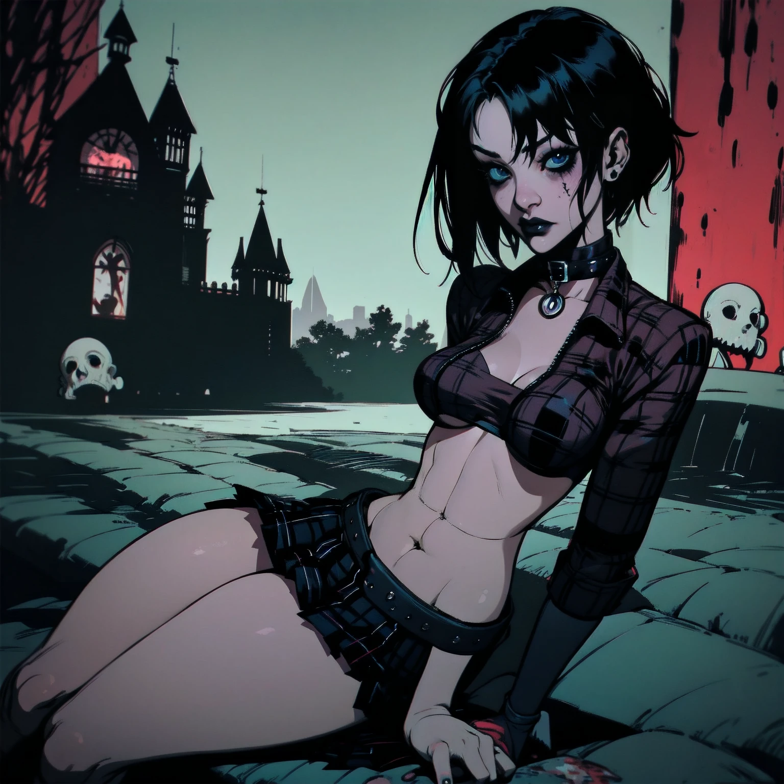 a woman with short black hair, hair on shoulders, wearing a black cropped and plaid skirt, blue eyes, zombie art, gothic art, cute aesthetic with vibe, toon aesthetic, wearing red costume, wearing gothic accessories, look like Cassie Hack, sitting on the ground, castle background