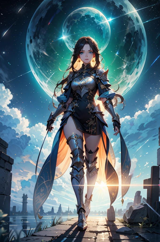 Full body shot of a fearless paladin with unparalleled beauty, featuring long, dark hair and striking blue eyes. She wears intricately designed draconic armor that glimmers with a mystical aura. Her armor is adorned with dragon scales and ornate patterns, giving it both an imposing and elegant appearance. In her hand, she wields a magnificent sword, the blade shimmering with a divine light, etched with runes of power. She stands in a majestic, celestial landscape, with radiant light filtering through the clouds, casting a holy glow upon her. The ground beneath her is a mix of ancient stones and sacred symbols, glowing softly as if infused with holy energy. Surrounding her are ethereal figures in shades of gold and white, their presence adding to the divine ambiance. The background features towering, ancient ruins and magnificent, skyward-reaching structures, hinting at a grand, heavenly stronghold. The scene is inspiring and powerful, with her face showing a serene yet determined expression, her eyes locked onto her noble mission. [Best quality], [Masterpiece], [Ultra-detailed], [4k], {inspiring|majestic} atmosphere, celestial landscape, {dynamic pose|noble stance}, radiant illumination, {soft shadows|divine lighting}, {glowing ancient stones:0.7}, {ethereal figures:0.6}, {heavenly architecture:0.5}, {towering ruins:0.4}, {skyward-reaching structures:0.3}.
