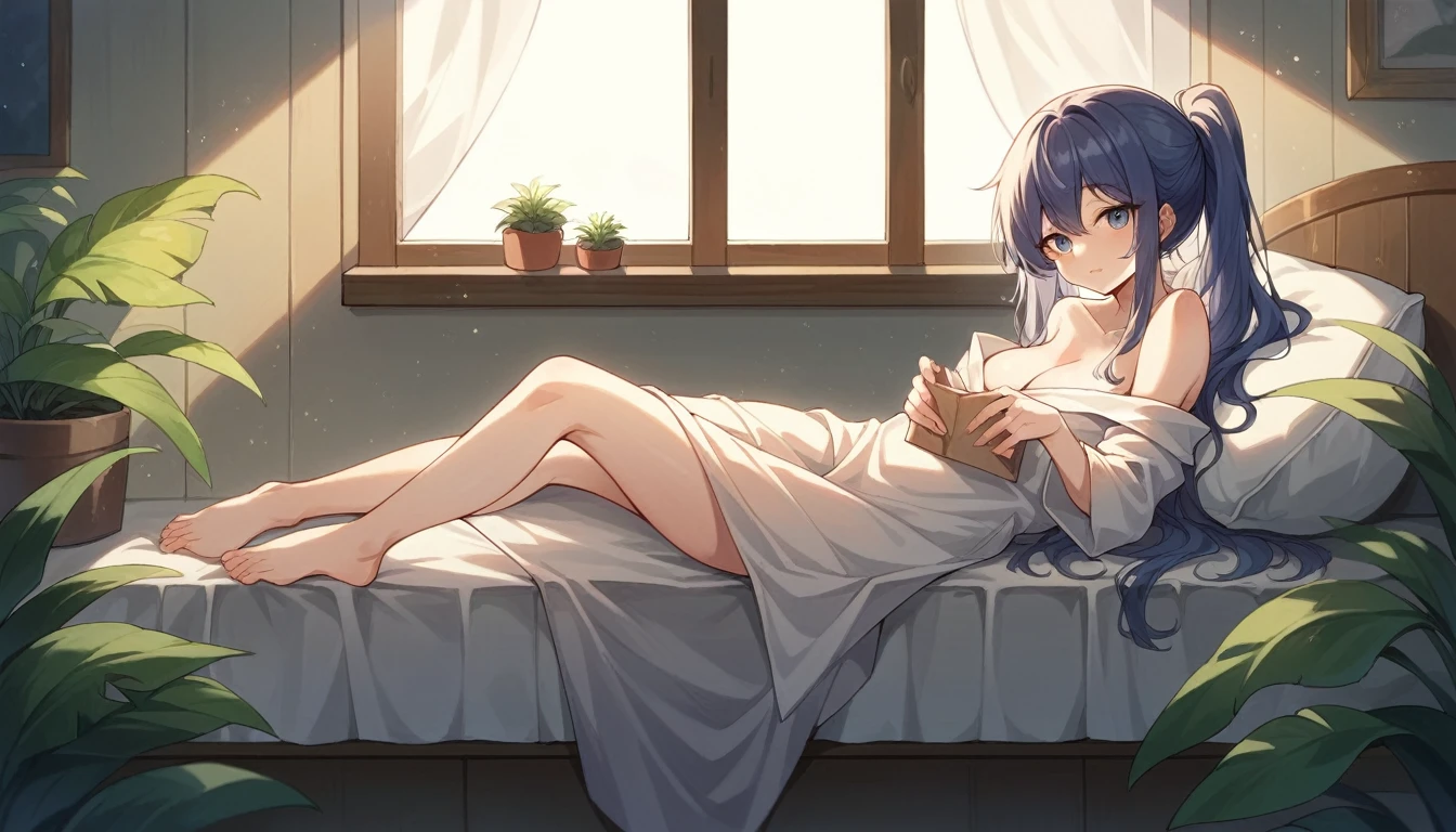 Illustration of a room with one large stylish window at the front。A beautiful night view spreads out from the window.、The city lights are shining brightly。The interior is a relaxing and warm space.、Soft lighting and relaxing interior design。Sofas and cushions、There are ornamental plants arranged、The atmosphere is so pleasant that you'll want to gaze upon it for hours.。The night view outside is of skyscrapers and neon lights.、I can see the starry sky、It feels like I'm in a dream。