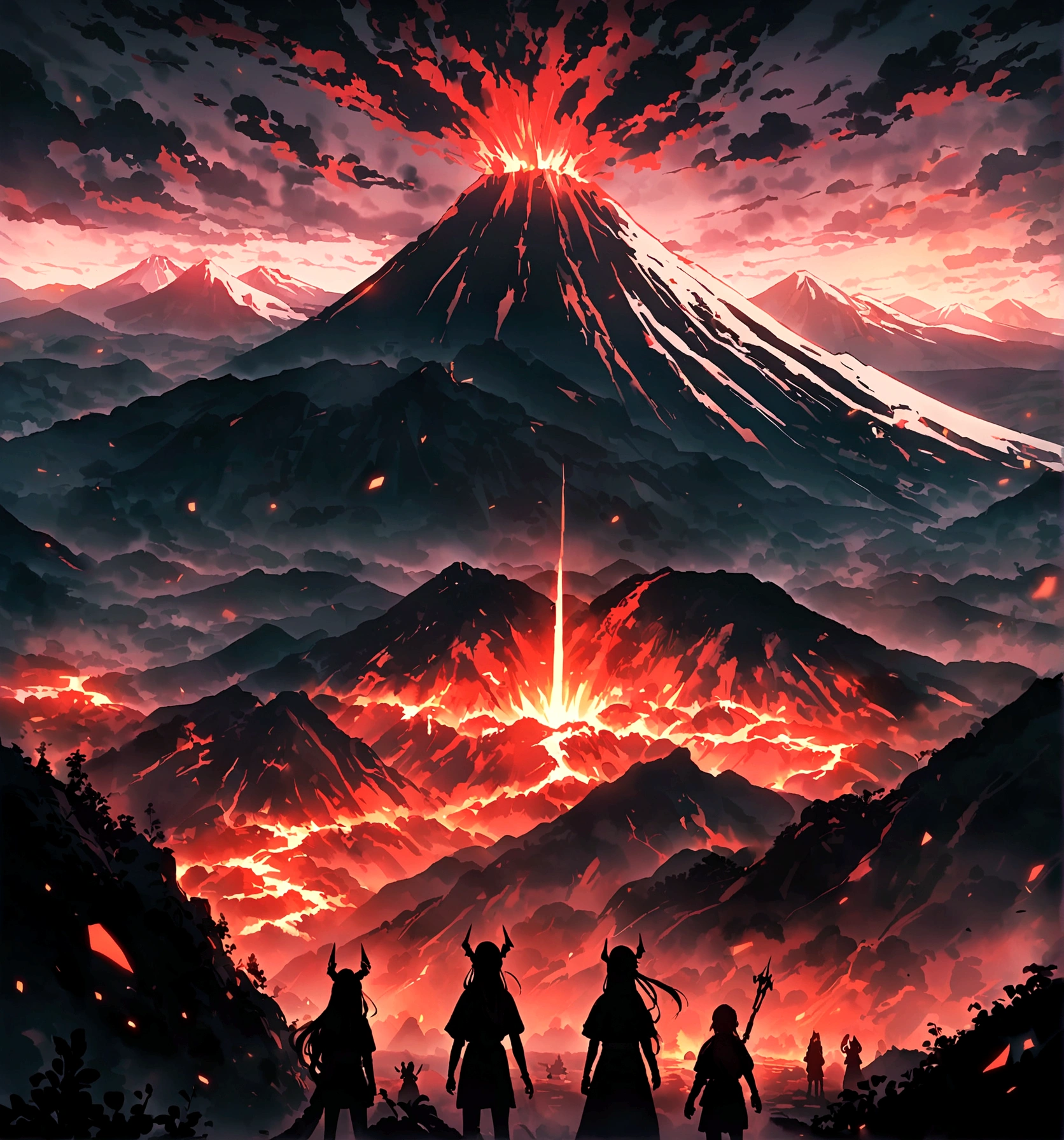 dragon,12 years old,Teenage Girls,More than one person,Pointed face,Long Hair,red,Red clothes,volcano地帯,volcano,perfection,3 people,Dragon Horn