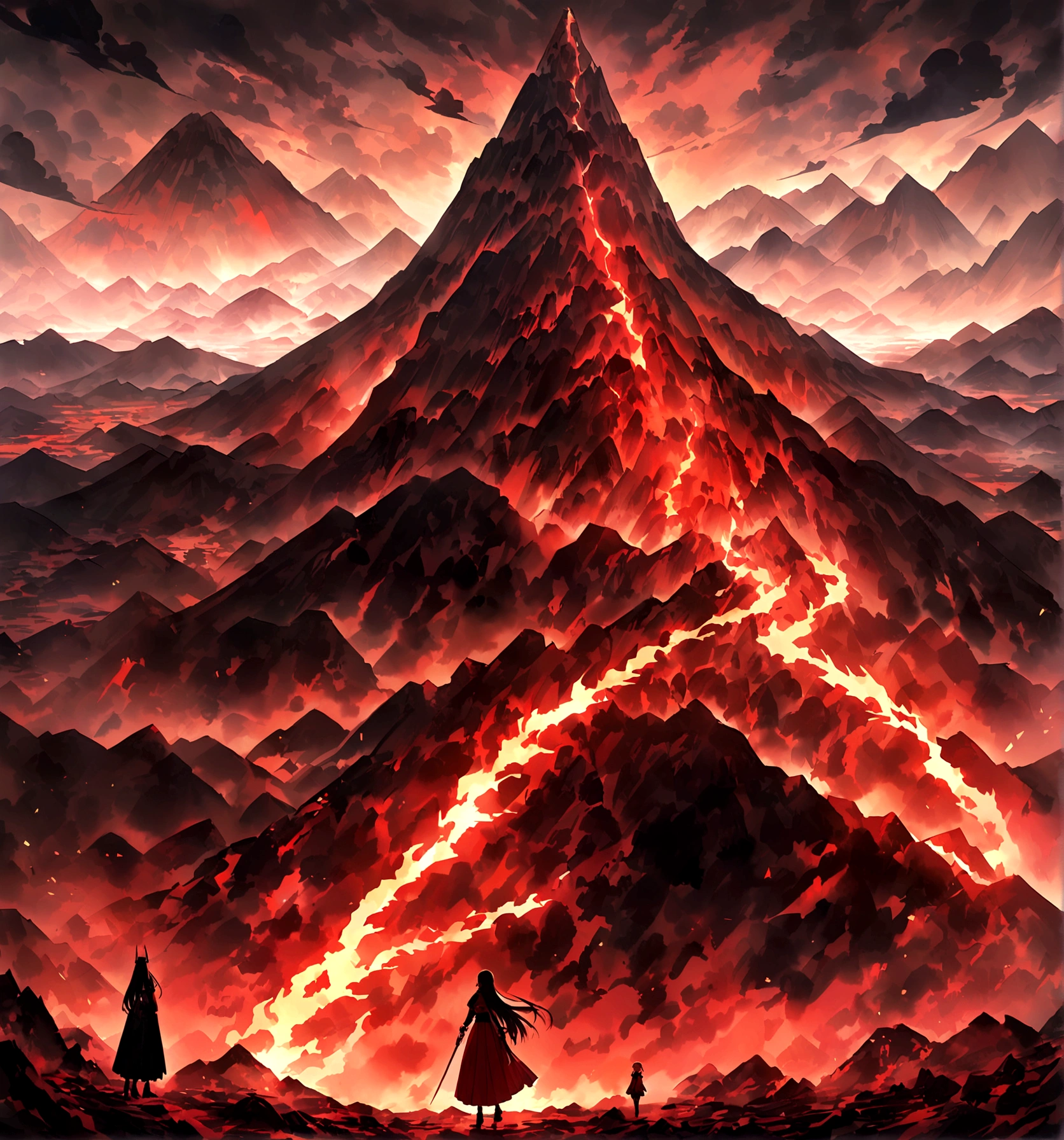 dragon,,Teenage Girlthan one person,Pointed face,Long Hair,red,Red clothes,volcano地帯,volcano,perfection,3 people,Dragon Horn