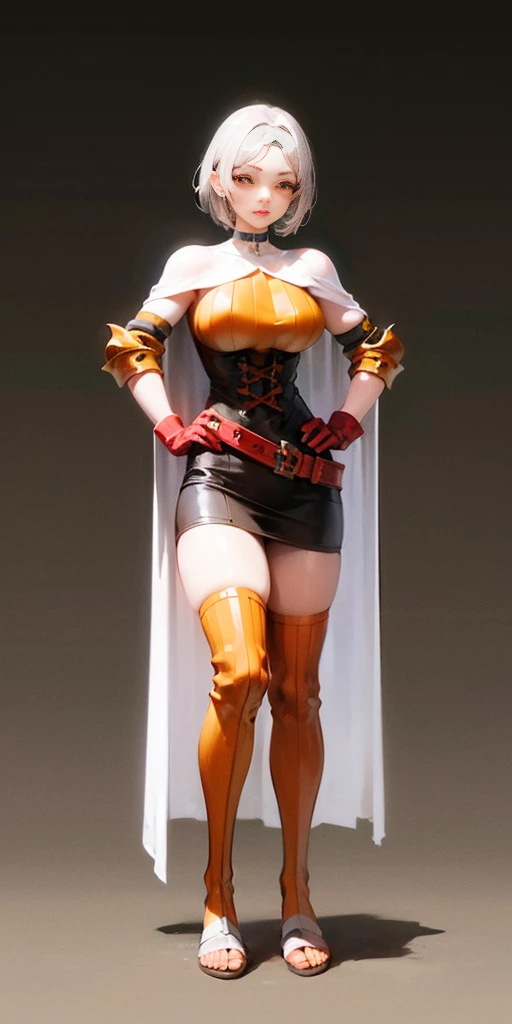 ((BLACK BACKGROUND,1:2, masterpiece)) full body MILF BIMBO standing with two long thighs and two metal sandals, red eyes, silver white hair, short bob style hair, choker, armor, cape, black dress, single glove, thigh highs, armored legwear, orange boots, choker, big belt, view from below, feet together, bracers, tiara, hyper realistic