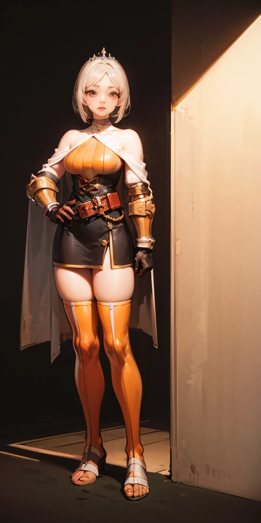 ((BLACK BACKGROUND,1:2, masterpiece)) full body MILF BIMBO standing with two long thighs and two metal sandals, red eyes, silver white hair, short bob style hair, choker, armor, cape, black dress, single glove, thigh highs, armored legwear, orange boots, choker, big belt, view from below, feet together, bracers, tiara, hyper realistic