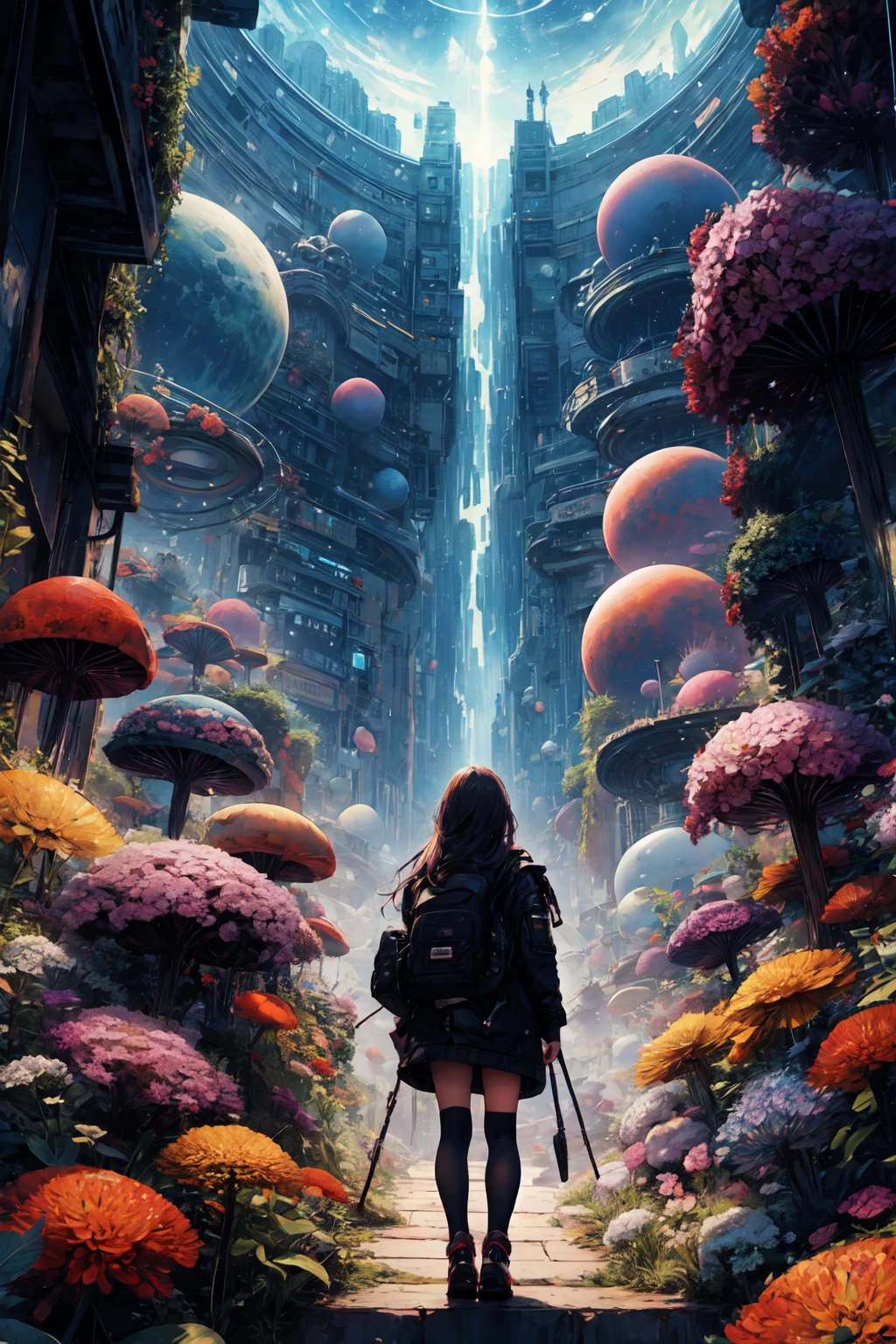 A woman standing in front of a planetary painting, futuristic city background, psychedelic trance artwork, interconnected human lifeforms, panoramic view of a young girl, progressive rock album cover, endless dream, stardust, galaxy, stoner rock --ar 16:9 -- 5.1 screams and terror