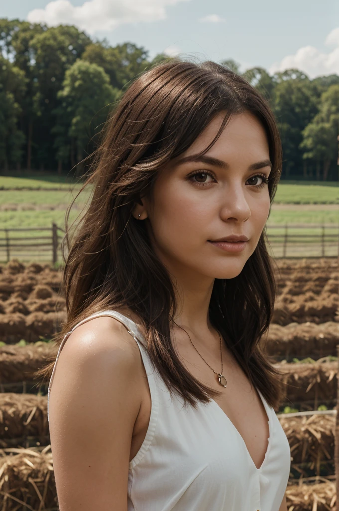 1girl in, 30 years old, Square face, Long hair, Looking at viewer, jewelry, Realistic, Sexy, farm outfit, farm background, free upper body pose