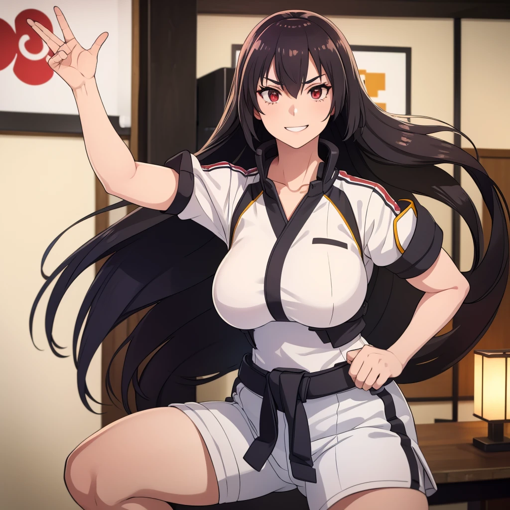 A woman wearing a white karate outfit, black belt around her waist, in a combat stance, smiling, in a Japanese dojo, long black hair, strong red eyes, large breasts,8K HD. (solo woman),flower, UHD, masterpiece, accurate, anatomically correct, textured skin, super detail, high quality, best quality, 8k, high resolution, bokeh effect.
