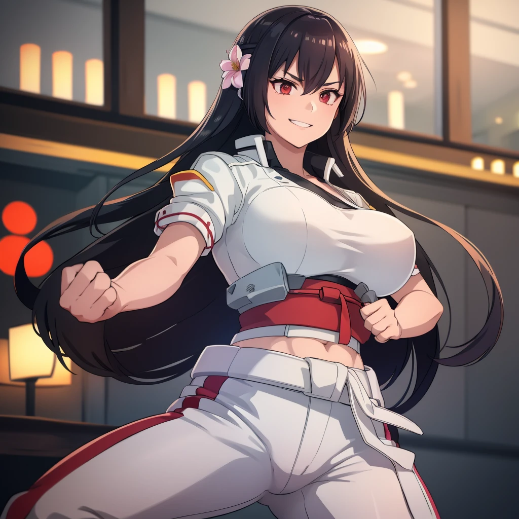 A woman wearing a white karate outfit, black belt around her waist, in a combat stance, smiling, in a Japanese dojo, long black hair, strong red eyes, large breasts,8K HD. (solo woman),flower, UHD, masterpiece, accurate, anatomically correct, textured skin, super detail, high quality, best quality, 8k, high resolution, bokeh effect.
