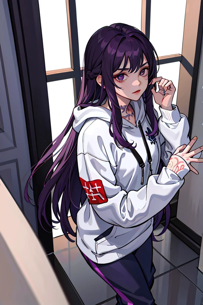 (masterpiece:1.2, best quality), (1girl, solo:1.2), crossed hands,straight pov, dark violet hair, white hoddie, sport pants, (tattoos), room, crossed hands,straight pov