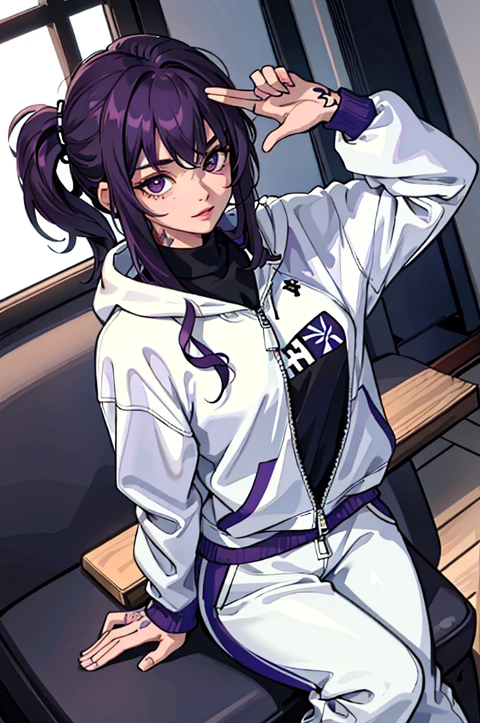 (masterpiece:1.2, best quality), (1girl, solo:1.2), crossed hands,straight pov, dark violet hair, white hoddie, sport pants, (tattoos), room, crossed hands,straight pov