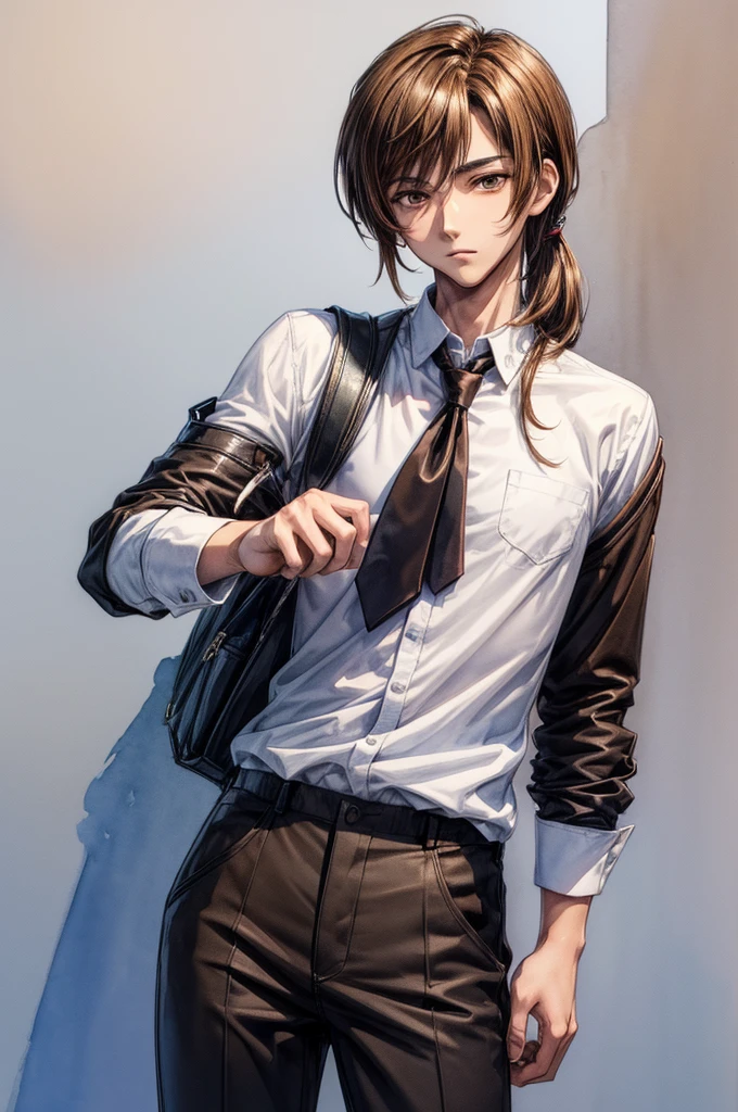 ((Sketch)), ((Watercolor)),((best quality)) ((best quality)), ((masterpiece)), (detailed), 4k image, anime style, handsome young teenage man, shoulder length hair brown hair. golden brown eyes, lean and slim physique, exceedingly handsome facial features, black skinny pants, formal white shirt, light brown skin 
