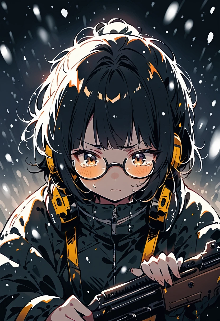 (extremely detailed fine touch:1.3), kawaii girl, (super very black short hair:1.3), (yellow glasses:1.3), underrim_metal, headphones, chignon, holding a rifle, falling snow, tearful, serious atmosphere, (snow:1.3)