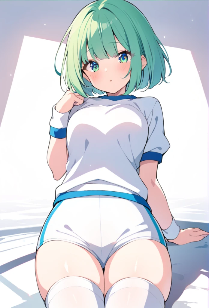 1 girl, cute, young, green hair, bob haircut, green eyes, gym clothes, thigh high,
