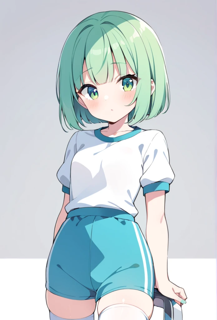 1 girl, cute, young, green hair, bob haircut, green eyes, gym clothes, thigh high,