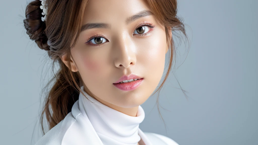 (detailed face),VIVID,pretty,turtle neck white silky kimono sleeves,4k ,super high resolution ,(photo-realistic: 1.7),white background,long hair,