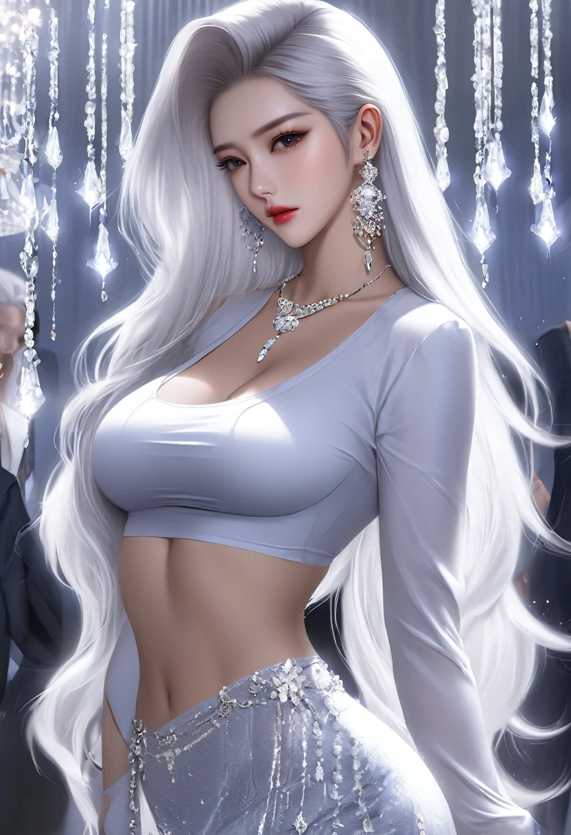 1 Girl Korean , Long hair, shirt,  slick back hair ,Upper Body, chandelier earrings,  jewelry, white hair,necklace,big breasts , white skin,tall,mini crop top ,mini skirt