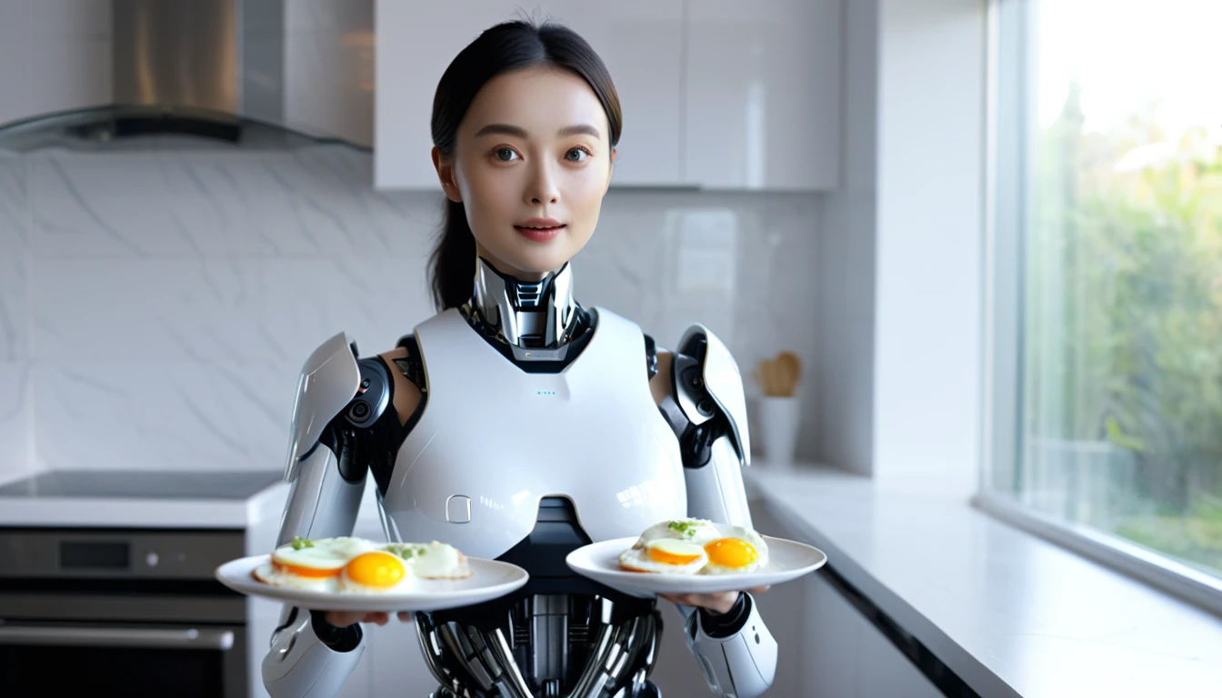 (8K, high quality, futuristic, realistic, details, focus). female A.I robot (beautiful real human-like face and robot body), swaying, hands holding a white plate containing fried eggs, take a picture of the A.I robot jogging while carrying a plate containing fried eggs, the background is in a kitchen. time 7.00 am. soft sunlight came in through the window panel