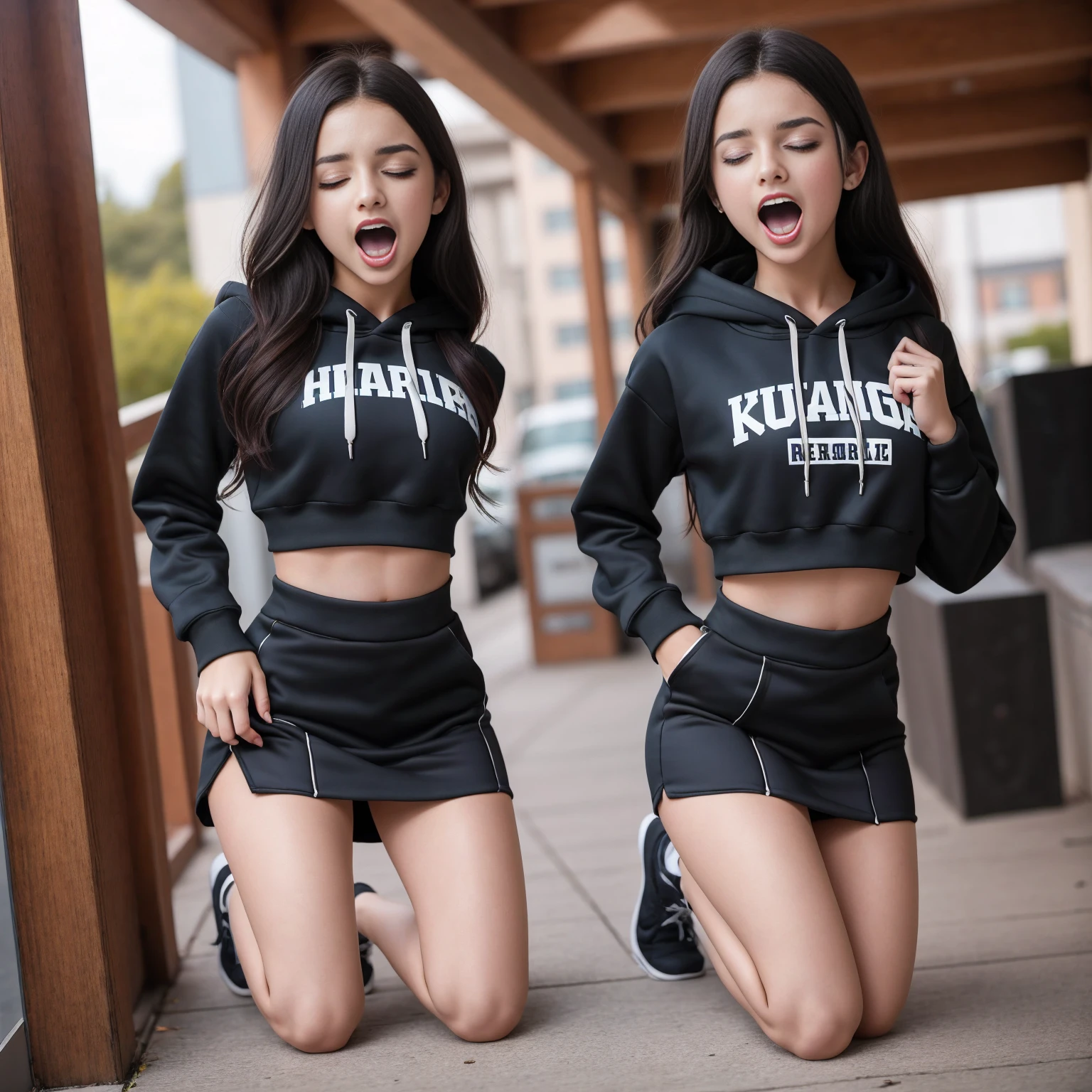 3 teen 18 year olds kneeling, wearing crop top hoodies and short skirts, eyes closed , real photography, modern look, silky dress or skirt with cutouts, skinny body, famous actress, beautiful face,  screaming, yelling 