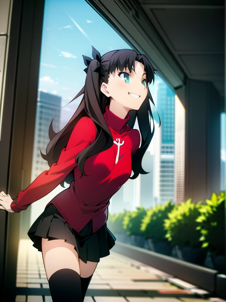 ((absurdres)), (((best Quality))), ((ultra detailed)), ((illustration)), full resolution, hdr, 5k, (Masterpiece, Best quality:1.4), (Beautiful, Aesthetic, Perfect, Intricate:1.2), (ultra resolution:1.2), (ultra detailed), 1girl, rin tohsaka, aqua eyes, black hair, black hair ribbon, long hair, two side up, parted bangs, miniskirt, black pleated skirt, black thigh highs, long sleeves, red turtleneck, (((delighted face))), (looking at camera), (camera looking up), in a city, buildings, sidewalk