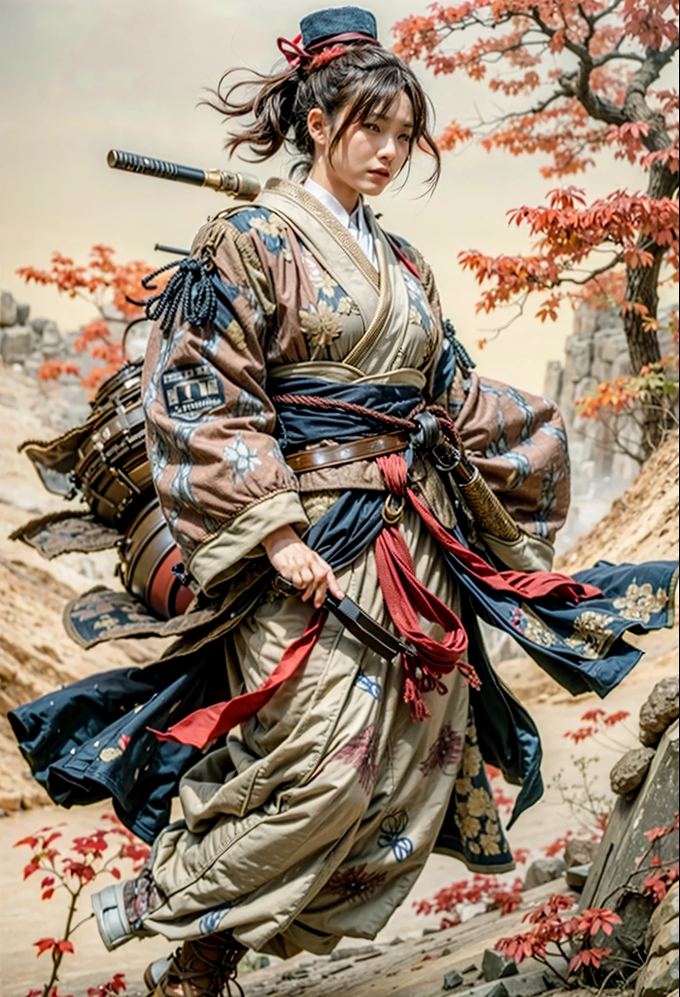 (masterpiece, best quality:1.2), (8k uhd, 16k, 32k, ultra high res), Steampunk, fictional WWII former Japanese Imperial Army armored car and cyborg Japanese female soldier, beautiful face, torn pants, dirty clothes, very intricate details, olive drab paint, peeling paint, weathering, fortress attack, realistic photo, taken with Fuji film X-T30+Nokton. HDR10