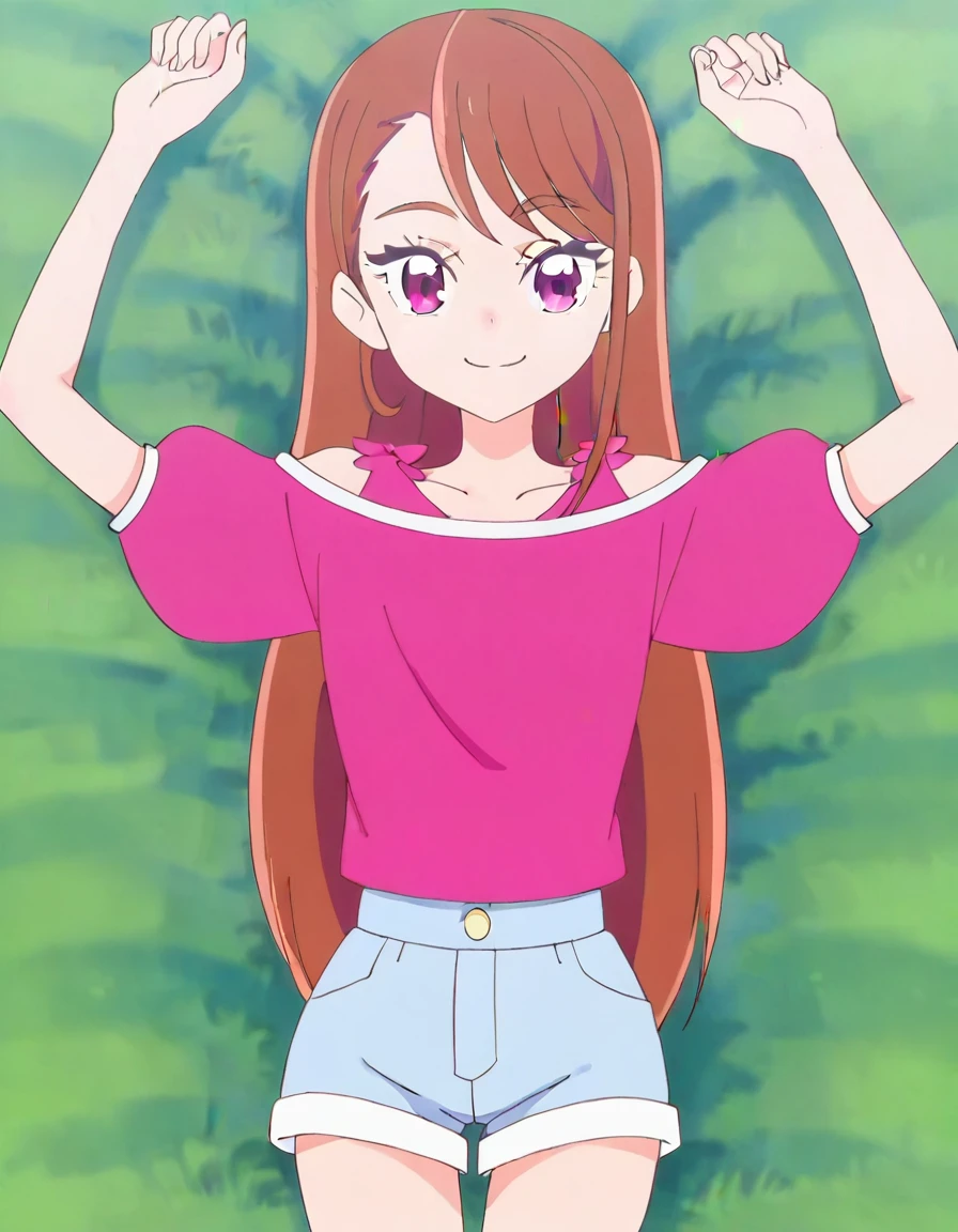 hijiri ageha, brown hair, long hair, purple eyes,
pink shirt, off-shoulder shirt, puffy short sleeves, denim shorts, high quality, solo, lying, on back, arms up, spread arms, closed mouth, on grass, (cowboy shot:1.5), looking at viewer, smile, best quality, 