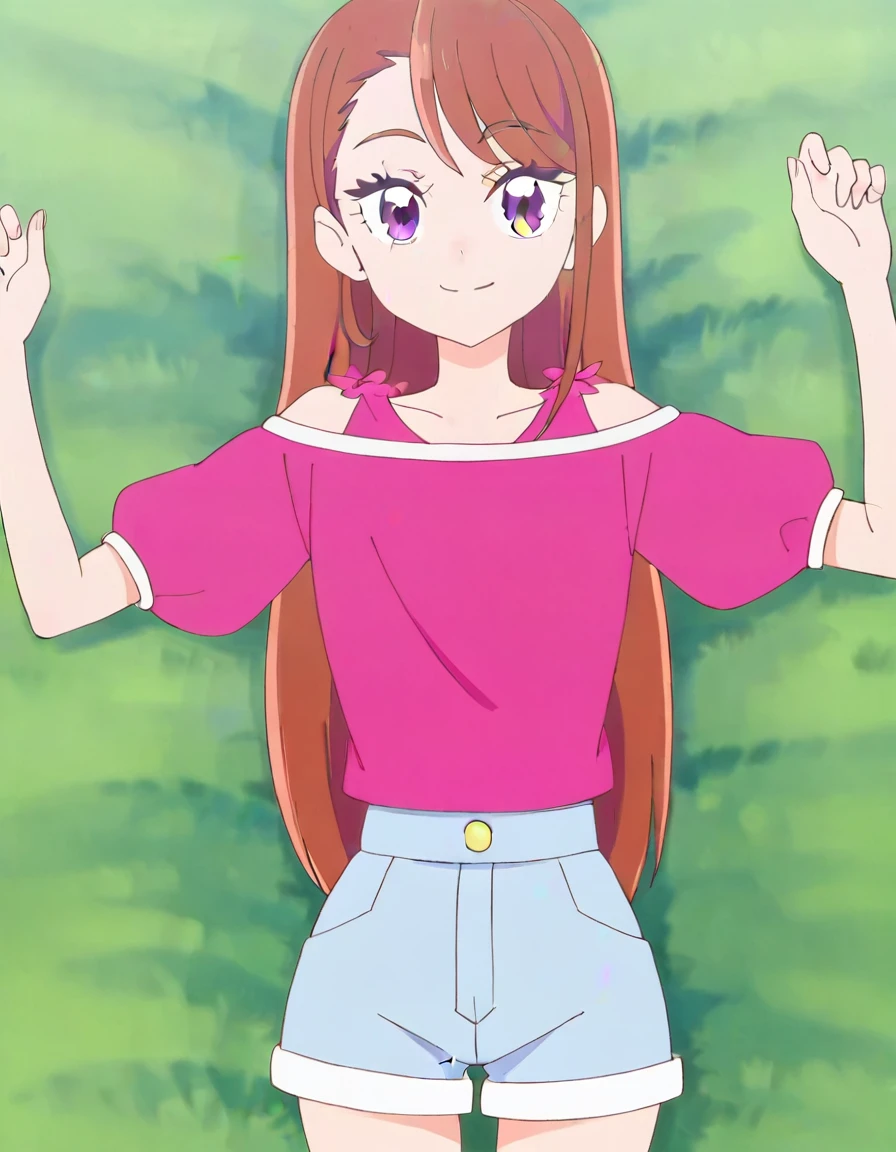 hijiri ageha, brown hair, long hair, purple eyes,
pink shirt, off-shoulder shirt, puffy short sleeves, denim shorts, high quality, solo, lying, on back, arms up, spread arms, closed mouth, on grass, (cowboy shot:1.5), looking at viewer, smile, best quality,