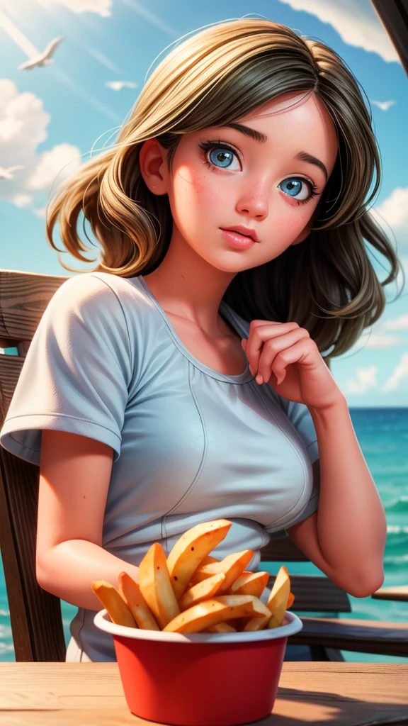 1girl,seagull,seagull eating fries held by girl,beautiful detailed eyes,beautiful detailed lips,extremely detailed eyes and face,longeyelashes,natural lighting,vibrant colors,photorealistic,8k,highly detailed,masterpiece,realistic,exquisite details,cinematic lighting,beautifully shaded,striking composition,warm color palette,sunlight filtering through clouds