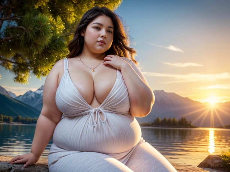 Rule_of_thirds, 1 girl, (extremely obese):1.5, (obese belly):2, (obese legs), fat rolls, SSBBW Adeline body, Serene expression, mesmerizing eyes, gorgeous supermodel face, flowing dress, porcelain skin, subtle blush, crystal pendant
BREAK
golden hour, (rim lighting):1.2, warm tones, sun flare, soft shadows, vibrant colors, painterly effect, dreamy atmosphere
BREAK
scenic lake, distant mountains, willow tree, calm water, reflection, sunlit clouds, peaceful ambiance, idyllic sunset, ultra detailed, official art, unity 8k wallpaper