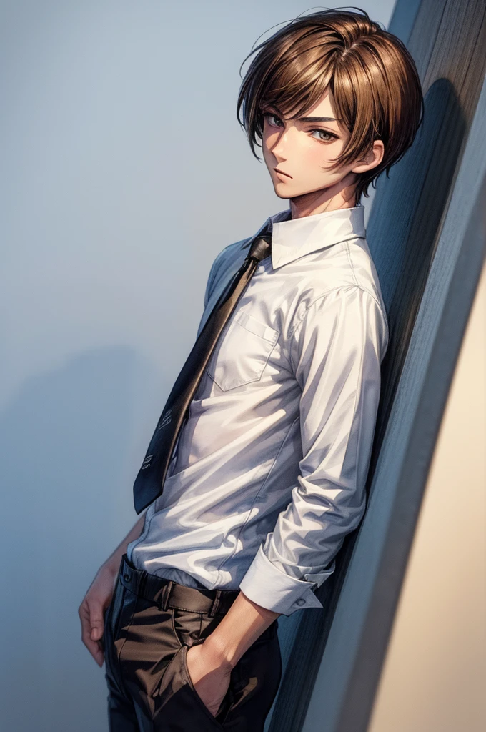 ((Sketch)), ((Watercolor)),((best quality)) ((best quality)), ((masterpiece)), (detailed), 4k image, anime style, handsome young teenage man, short shoulder length hair brown hair. golden brown eyes, lean and slim physique, exceedingly handsome facial features, black skinny pants, formal white shirt, light brown skin, 